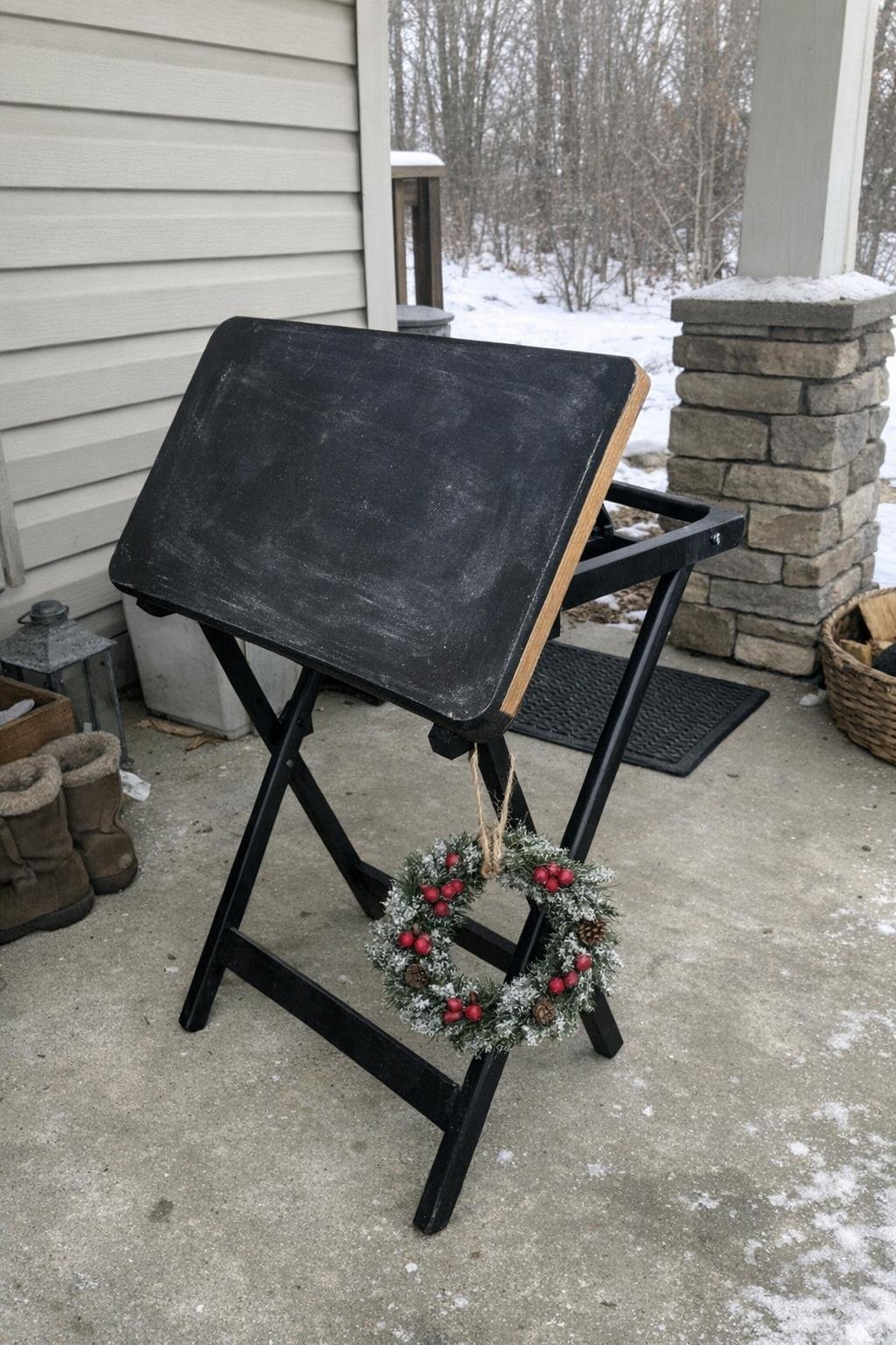 Winter porch welcome easel made from a TV tray