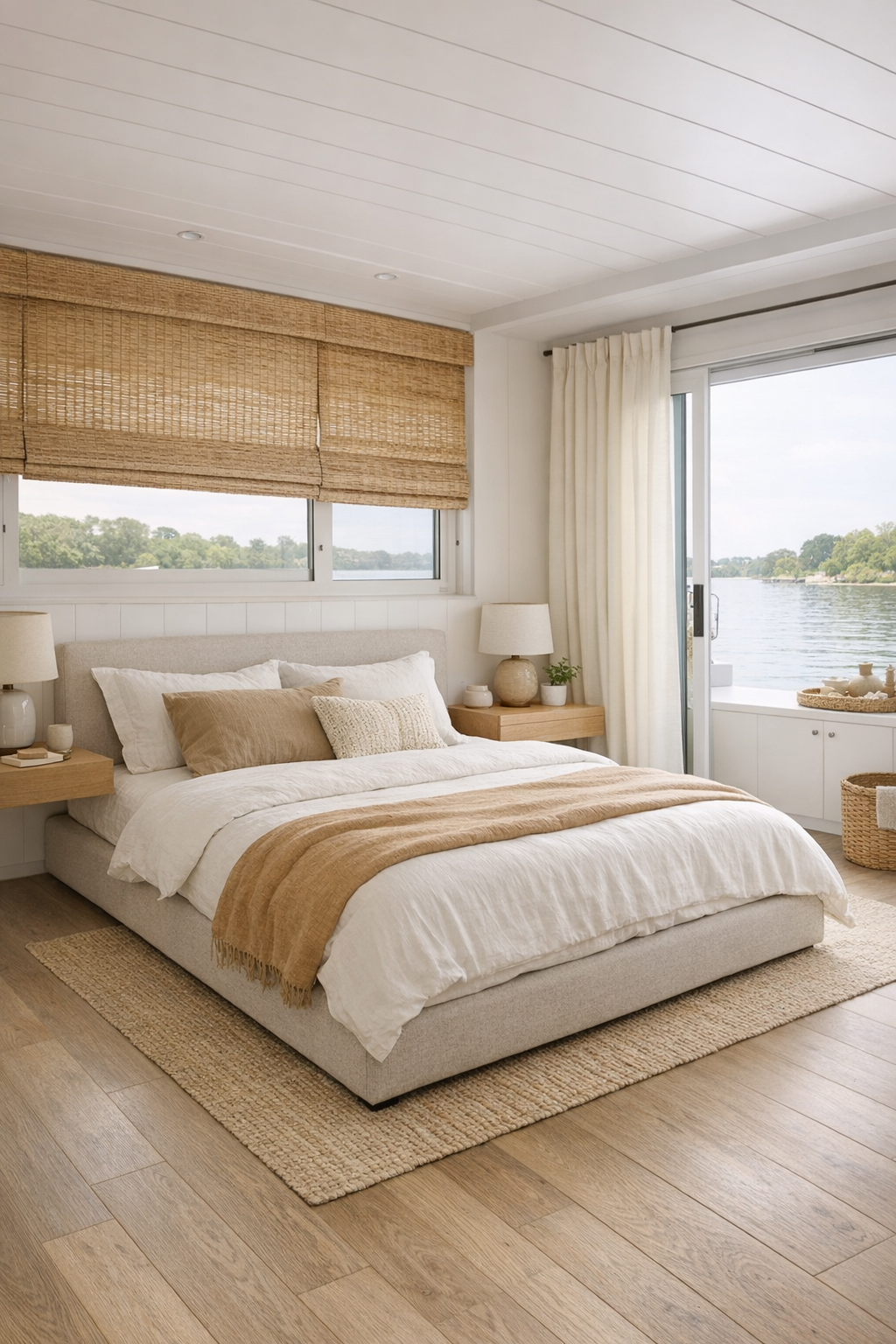 Calm houseboat bedroom with upholstered bed and sandy layered linens
