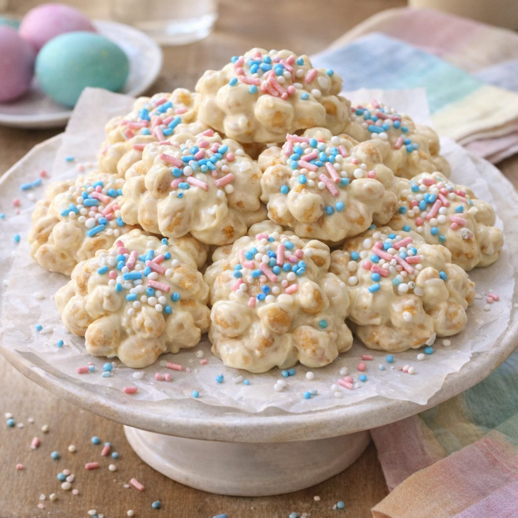 White chocolate peanut clusters on an Easter table