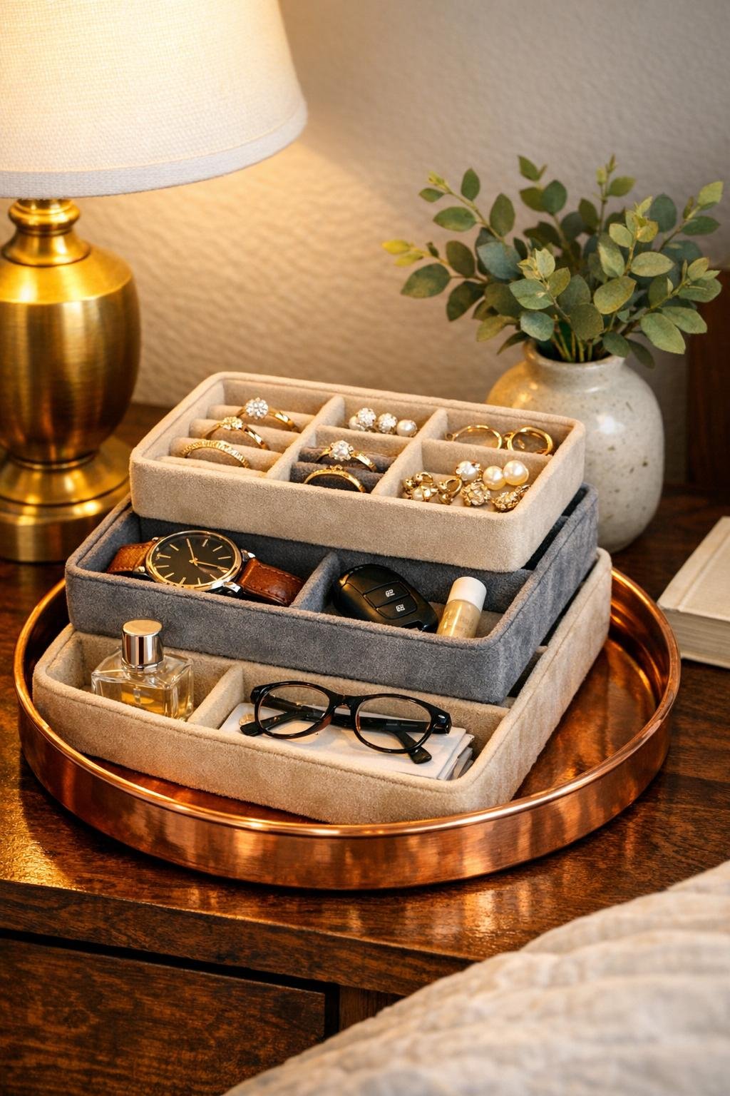 Finished bedroom nightstand organizer made from velvet jewelry trays in a copper serving tray