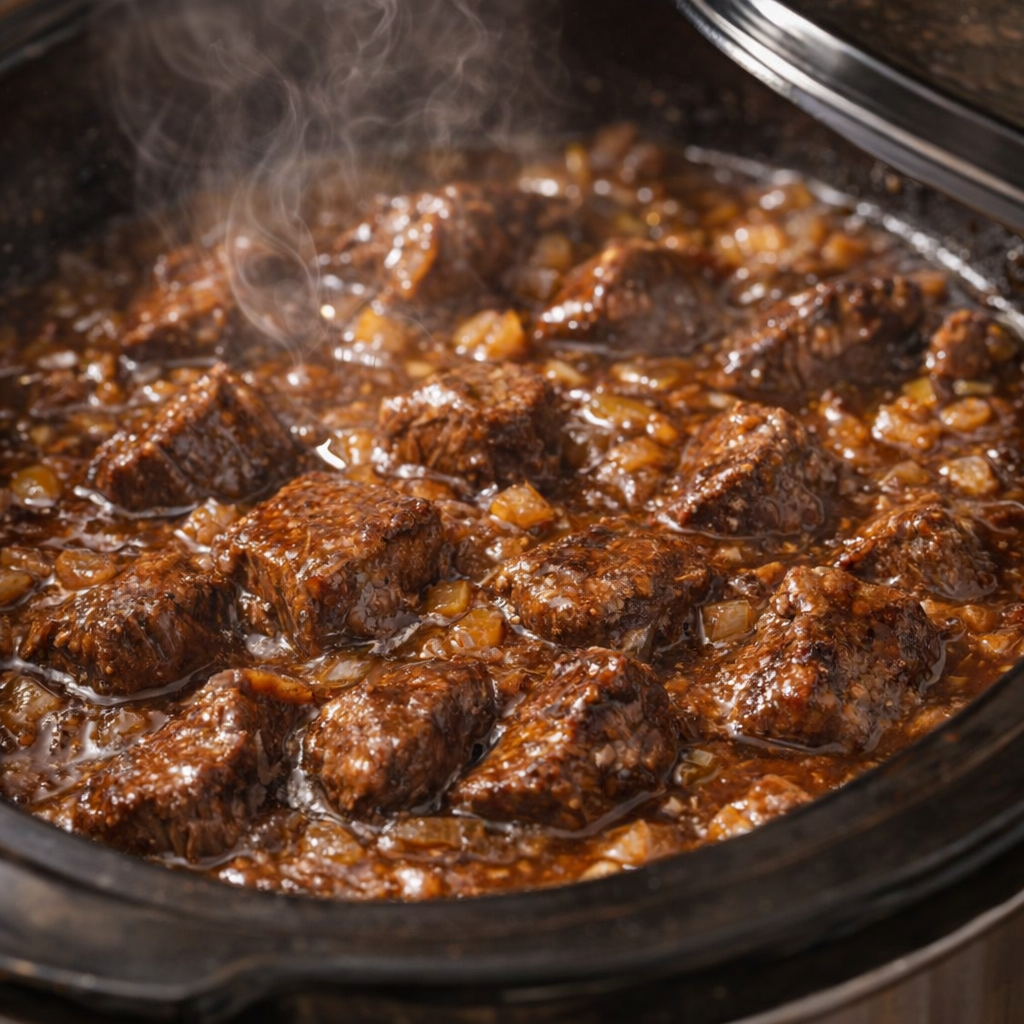 Cooked beef tips bubbling in the slow cooker