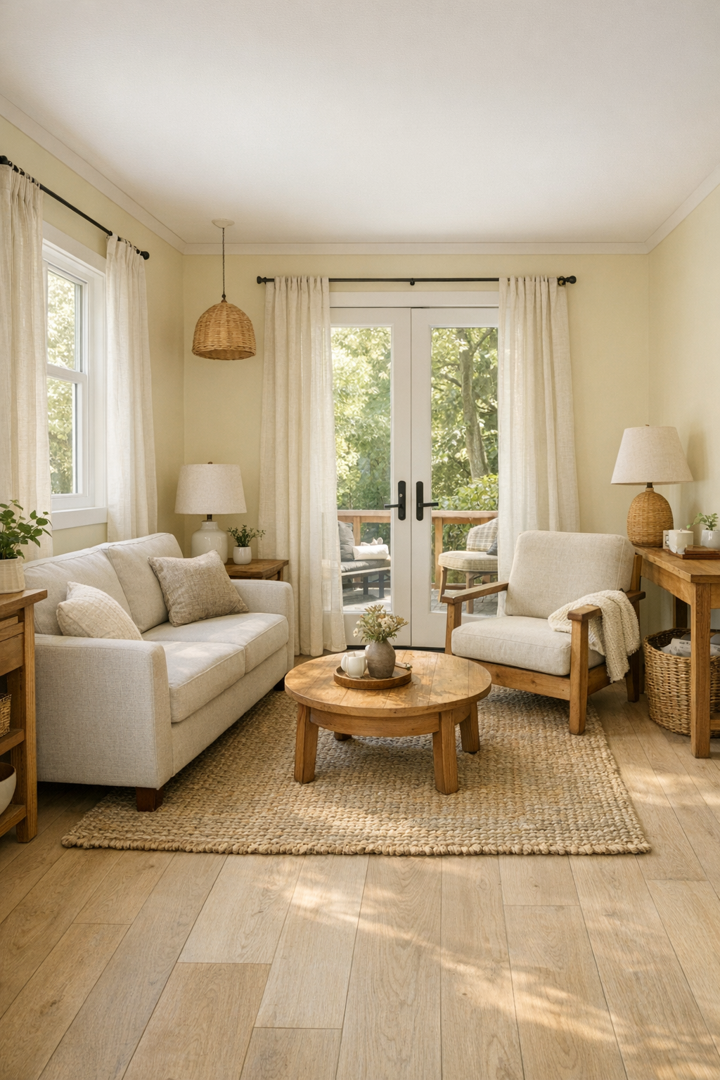 Soft chamomile tiny home living room with wide circulation, pale wood floors, and cozy neutral seating