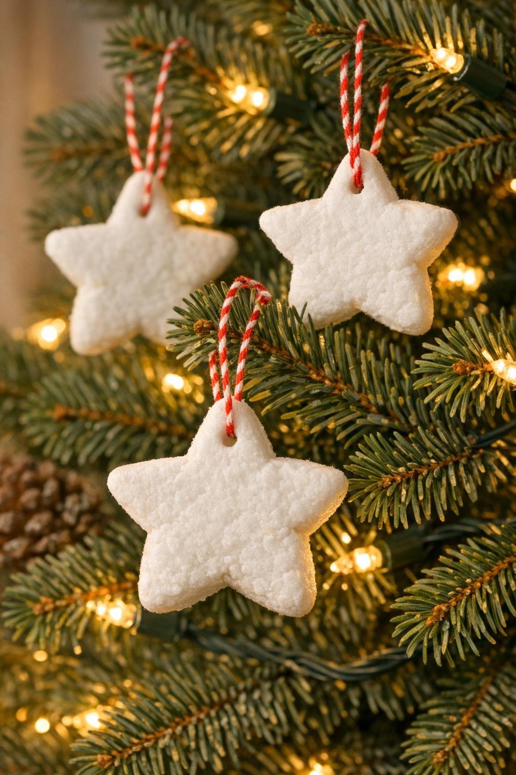 Finished snowy soap clay star ornaments hanging on a holiday tree