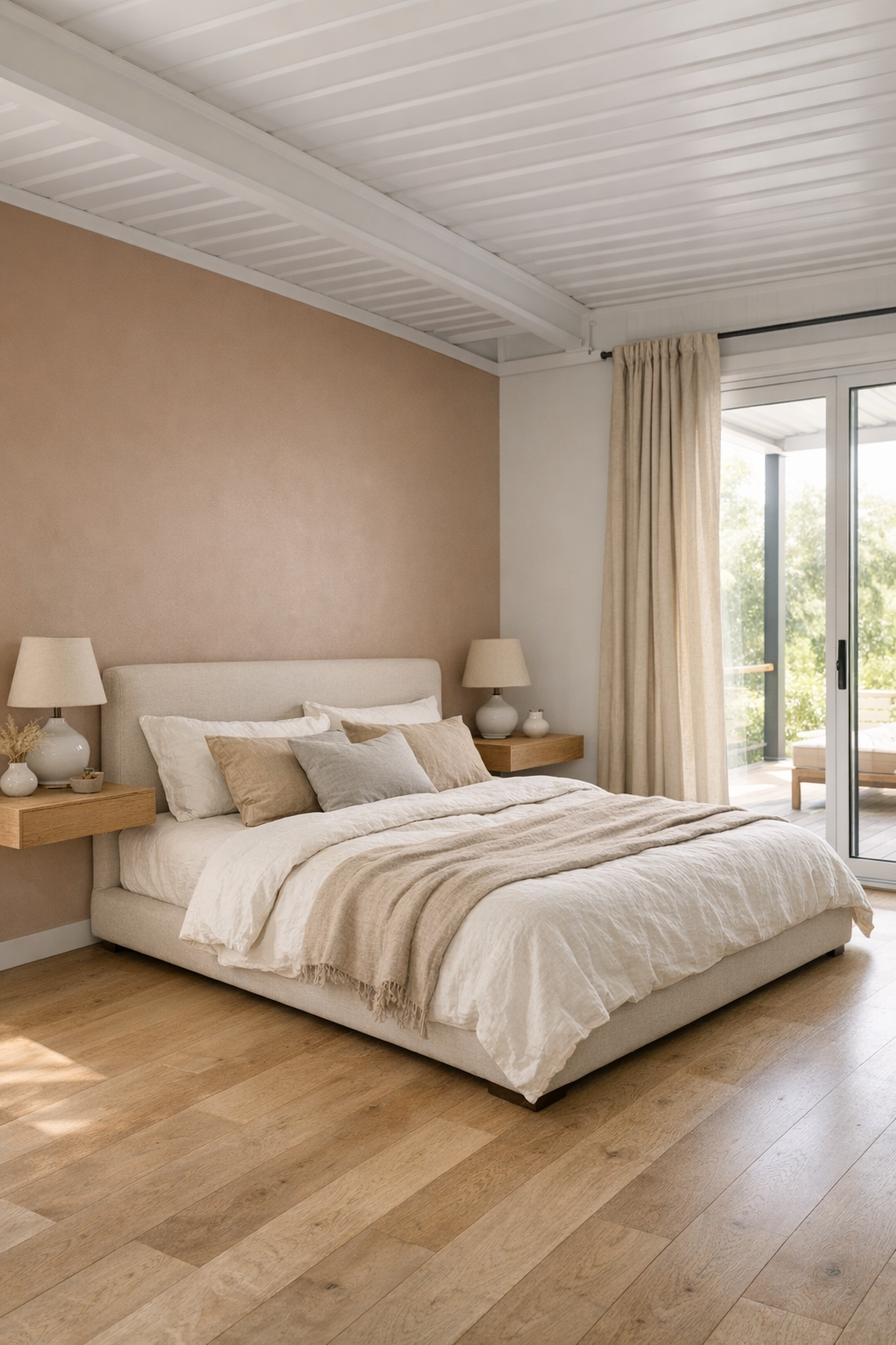 Calm bedroom with clay accent wall and layered linen bedding