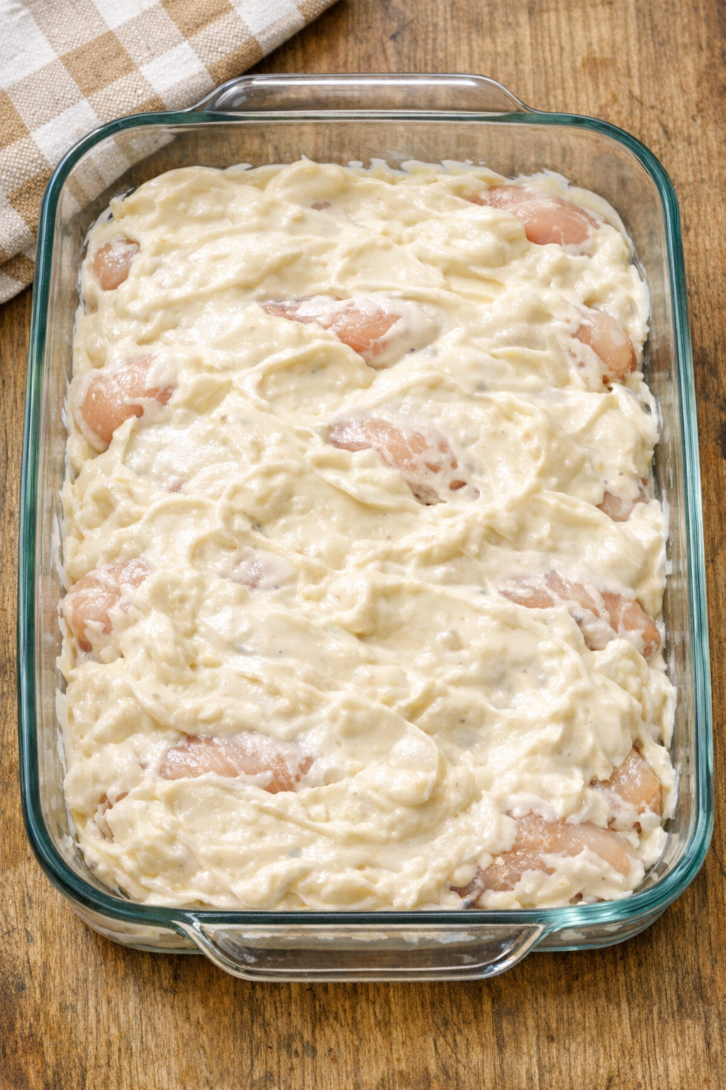 Creamy soup and sour cream mixture spread over chicken