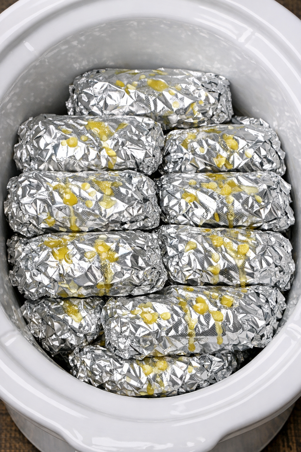 Slow cooker cheesy chorizo pasta foil packets stacked in a white slow cooker