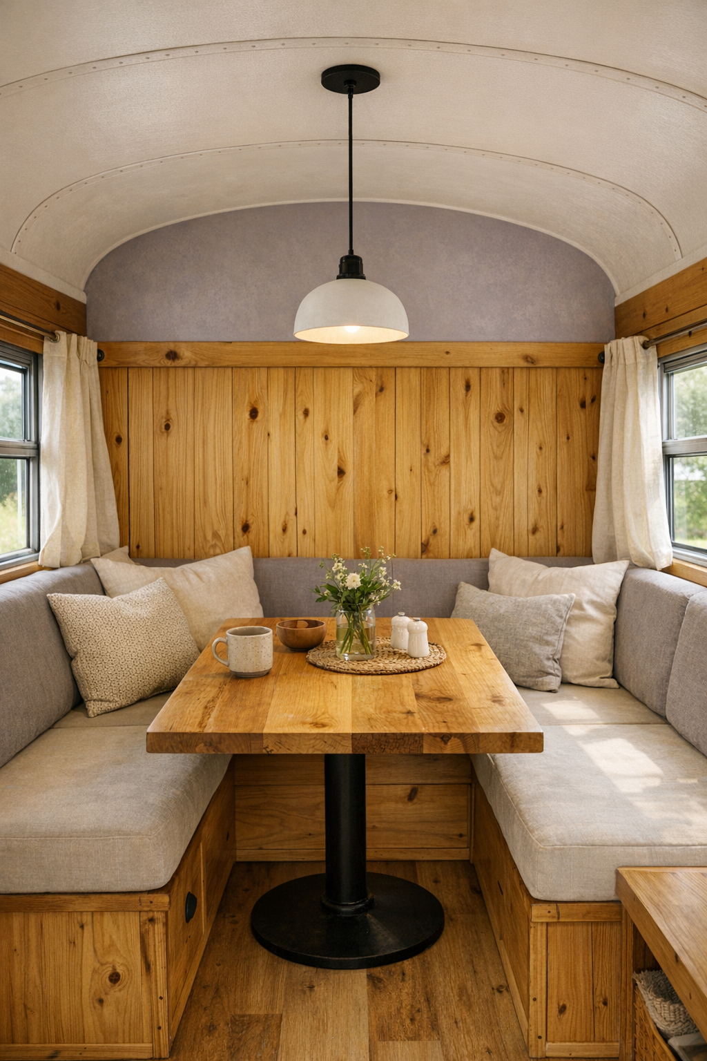 Cozy dining nook with built-in banquette and natural wood table inside the bus