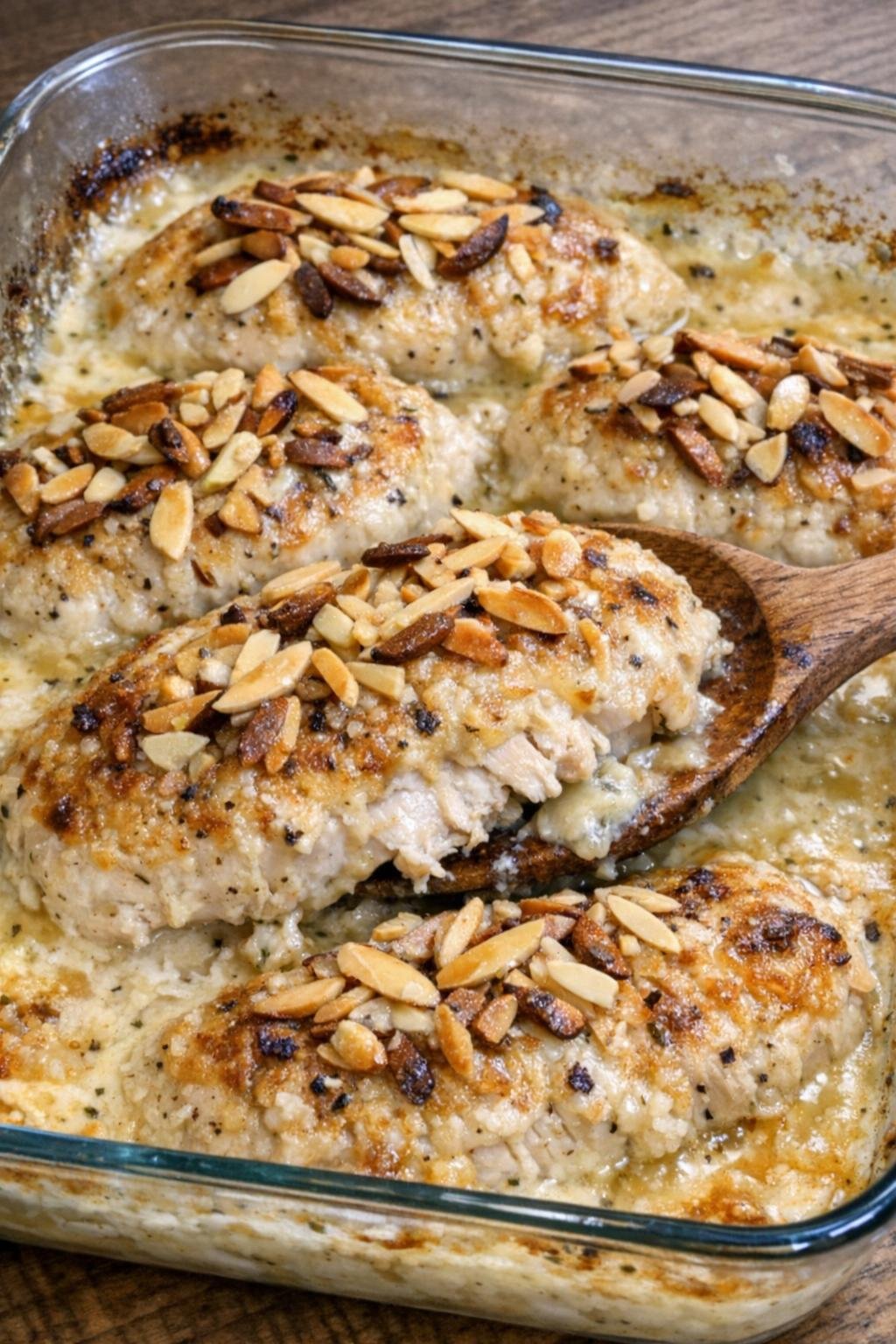 Golden chicken amandine casserole in a rectangular baking dish