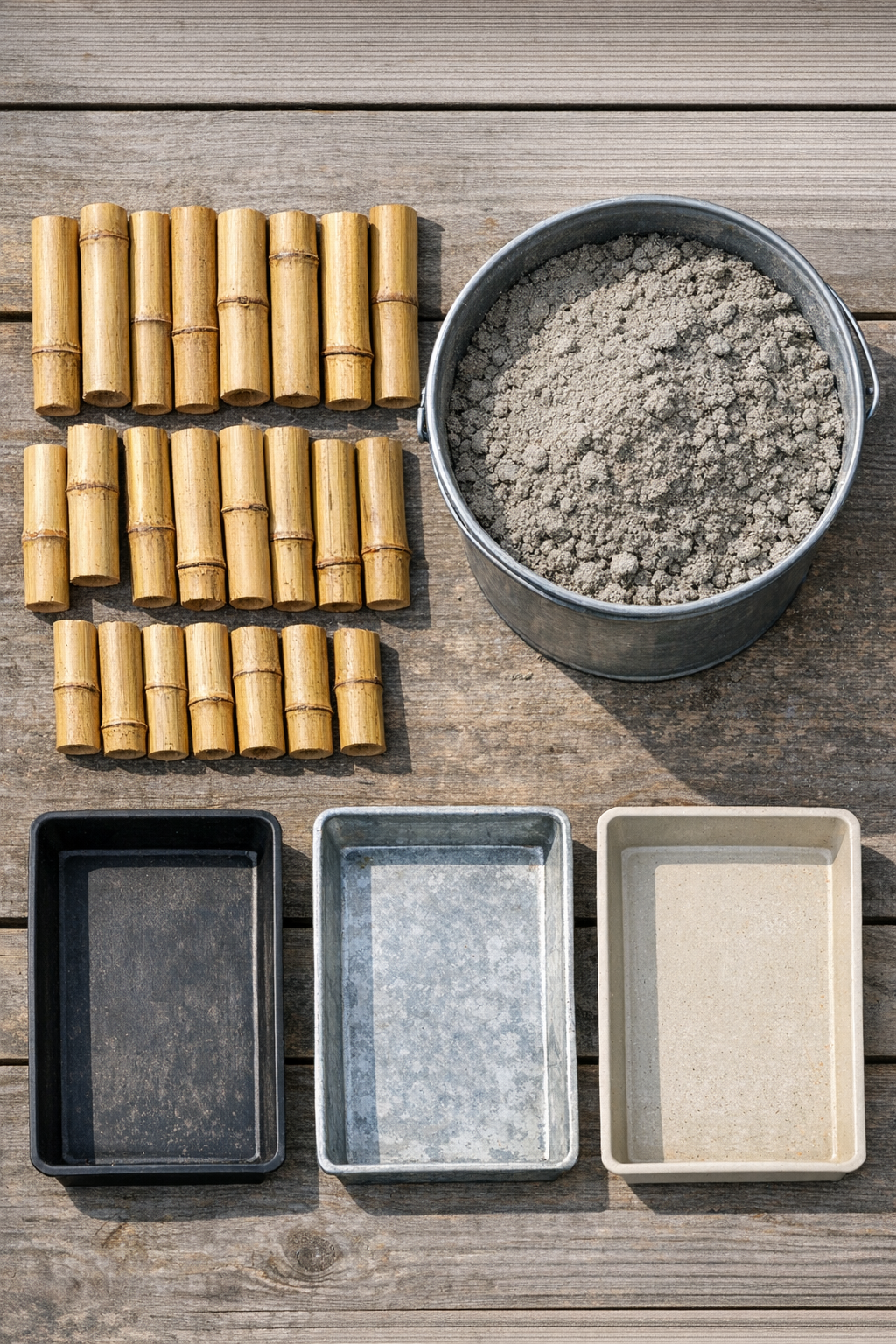 Bamboo tiki torches, cement mix, and plastic food containers laid out as project materials