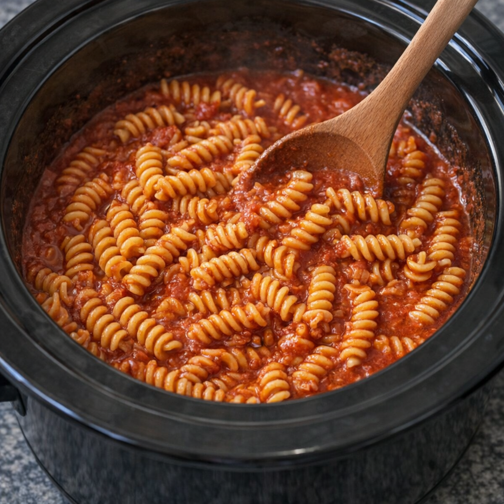 Dry rotini stirred into tomato sauce in the slow cooker