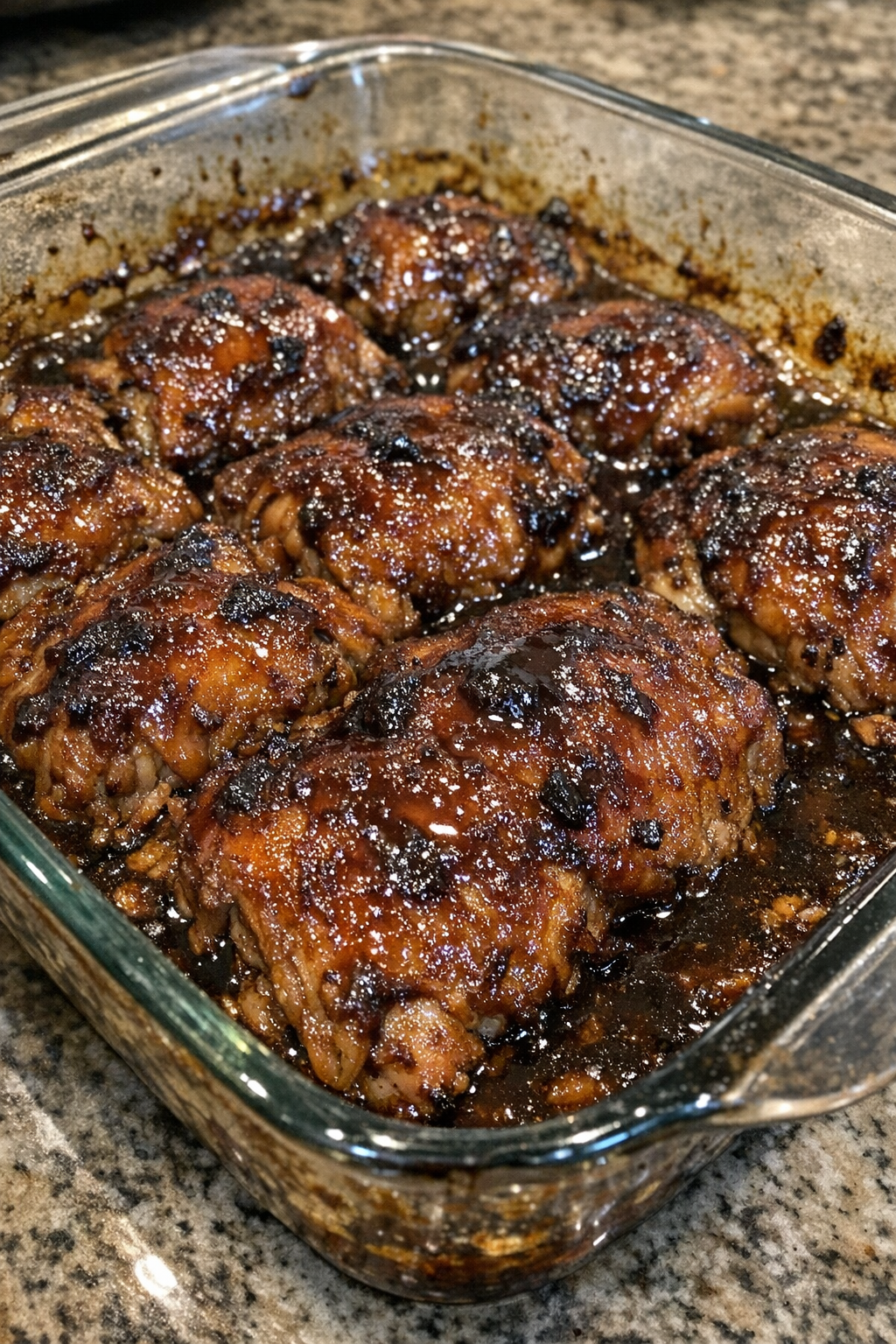 Dark amber glazed bake in a Pyrex dish