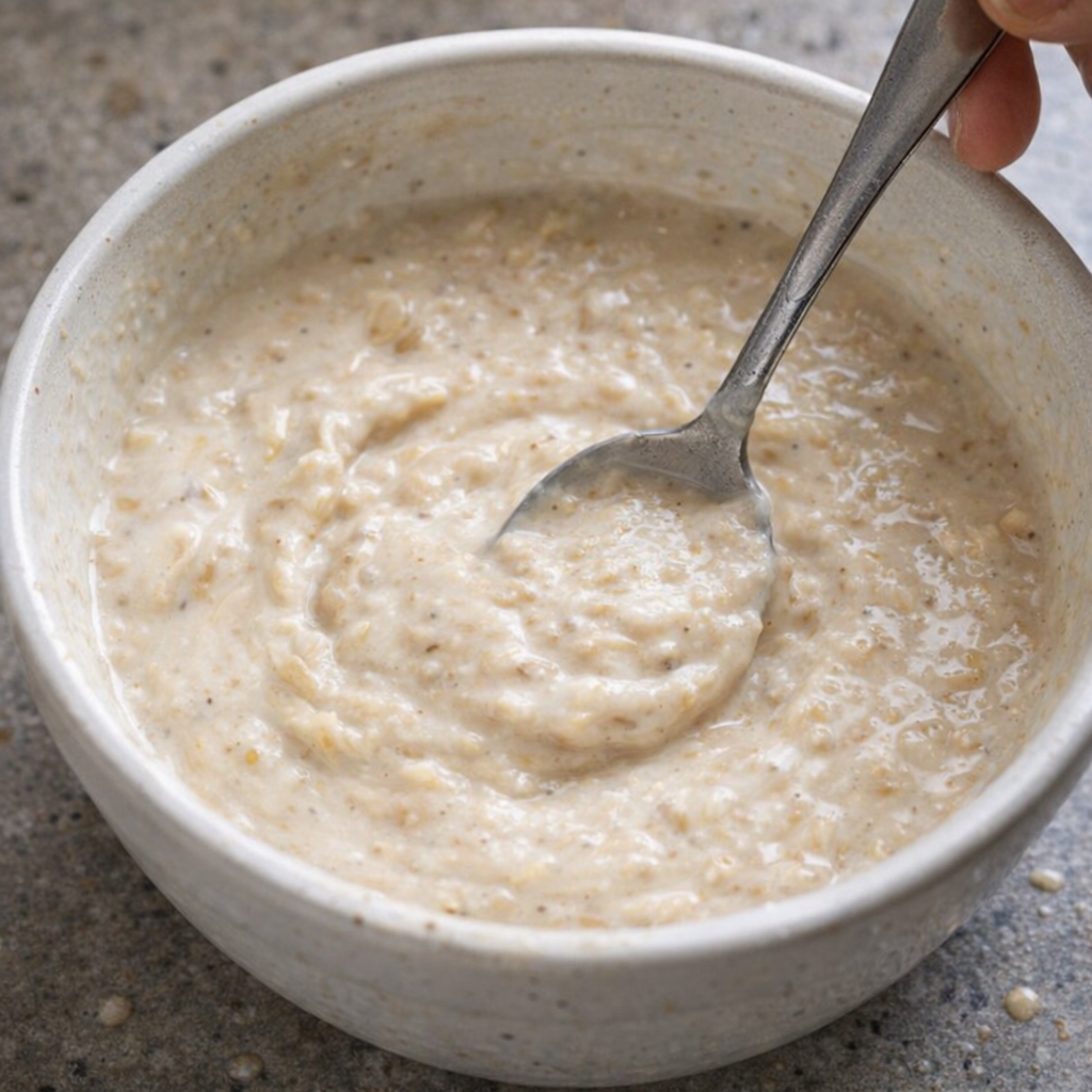 Creamy onion soup mixture being stirred in a small bowl