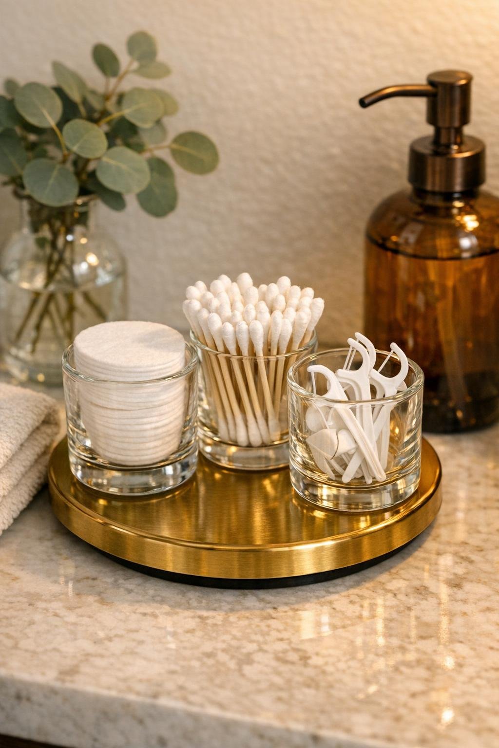 Finished DIY cotton swab station on a brass lazy susan in a bathroom