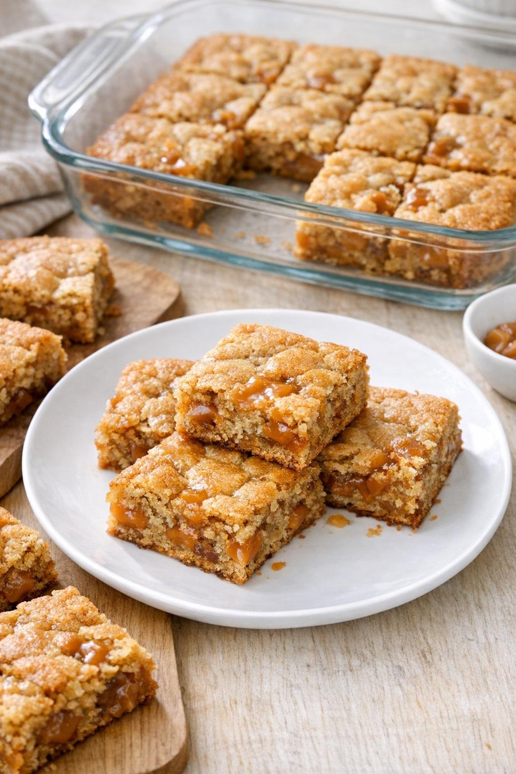 Finished butterscotch caramel blondie bars on a plate