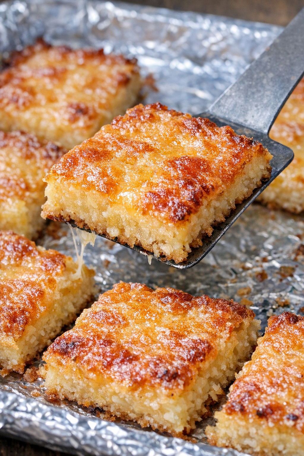 Southern 3-ingredient cheddar tallulah squares on a foil-lined baking tray