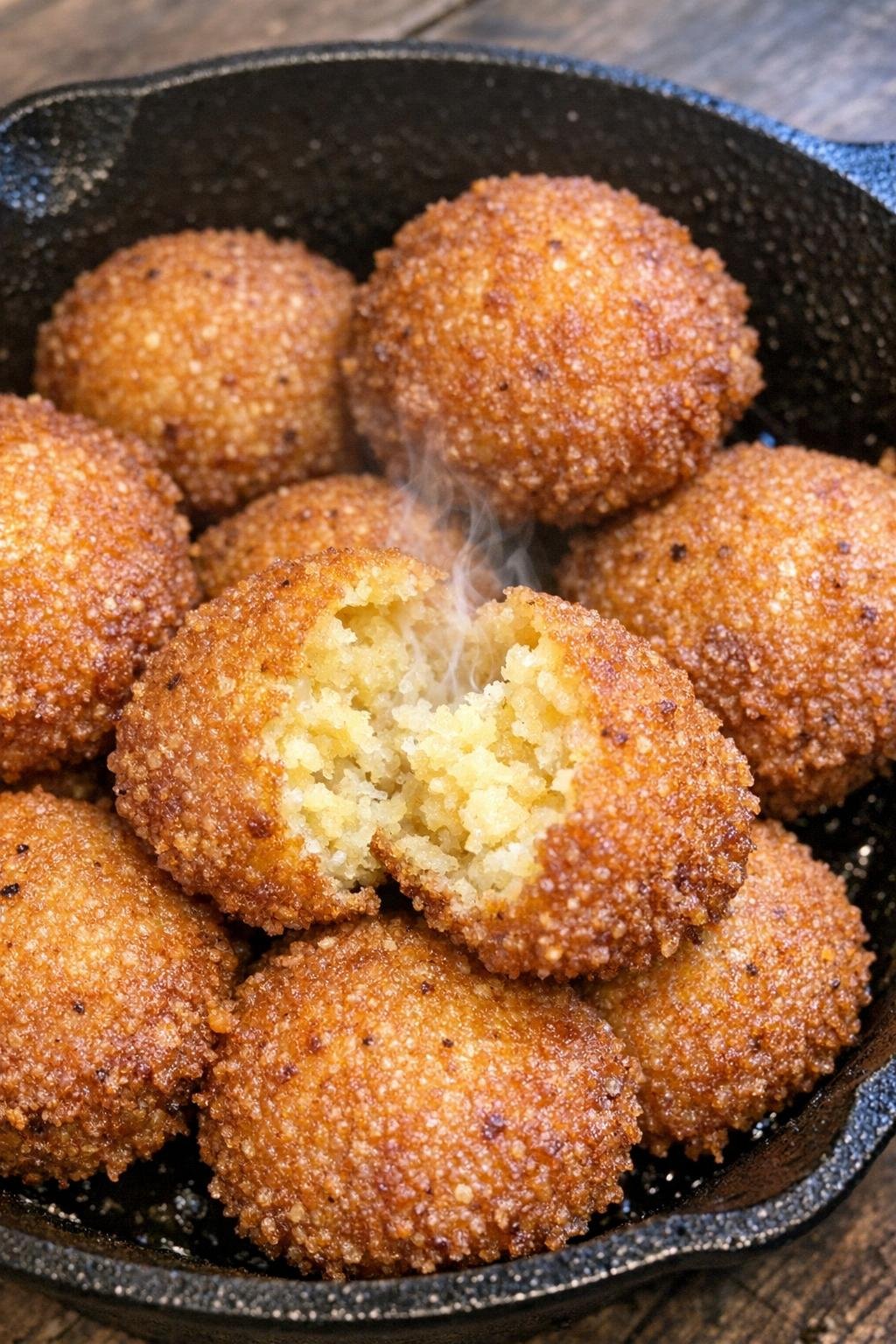 Golden cornmeal fritters in a cast iron skillet