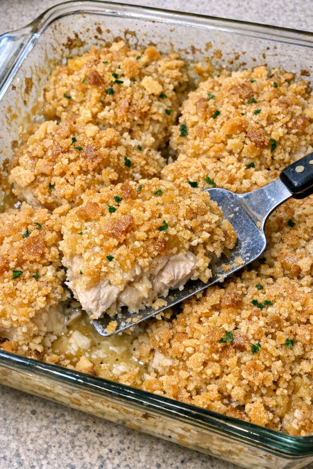 Buttery cracker-crusted chicken in a rectangular Pyrex dish