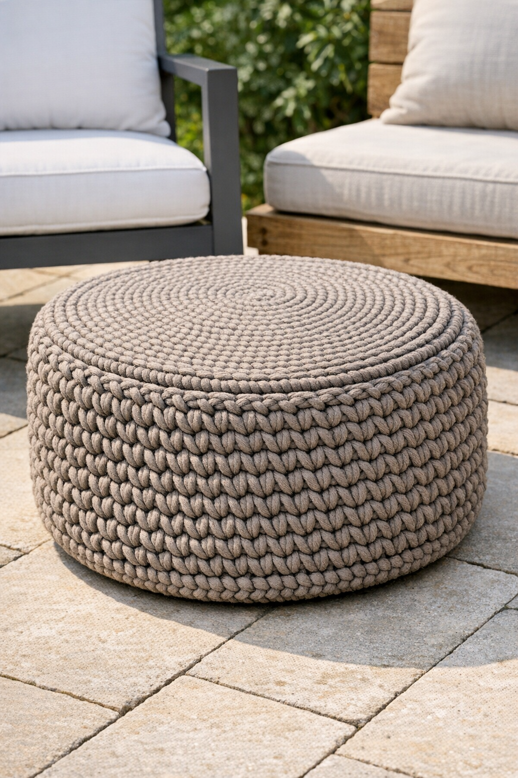Finished chunky taupe crochet tire ottoman