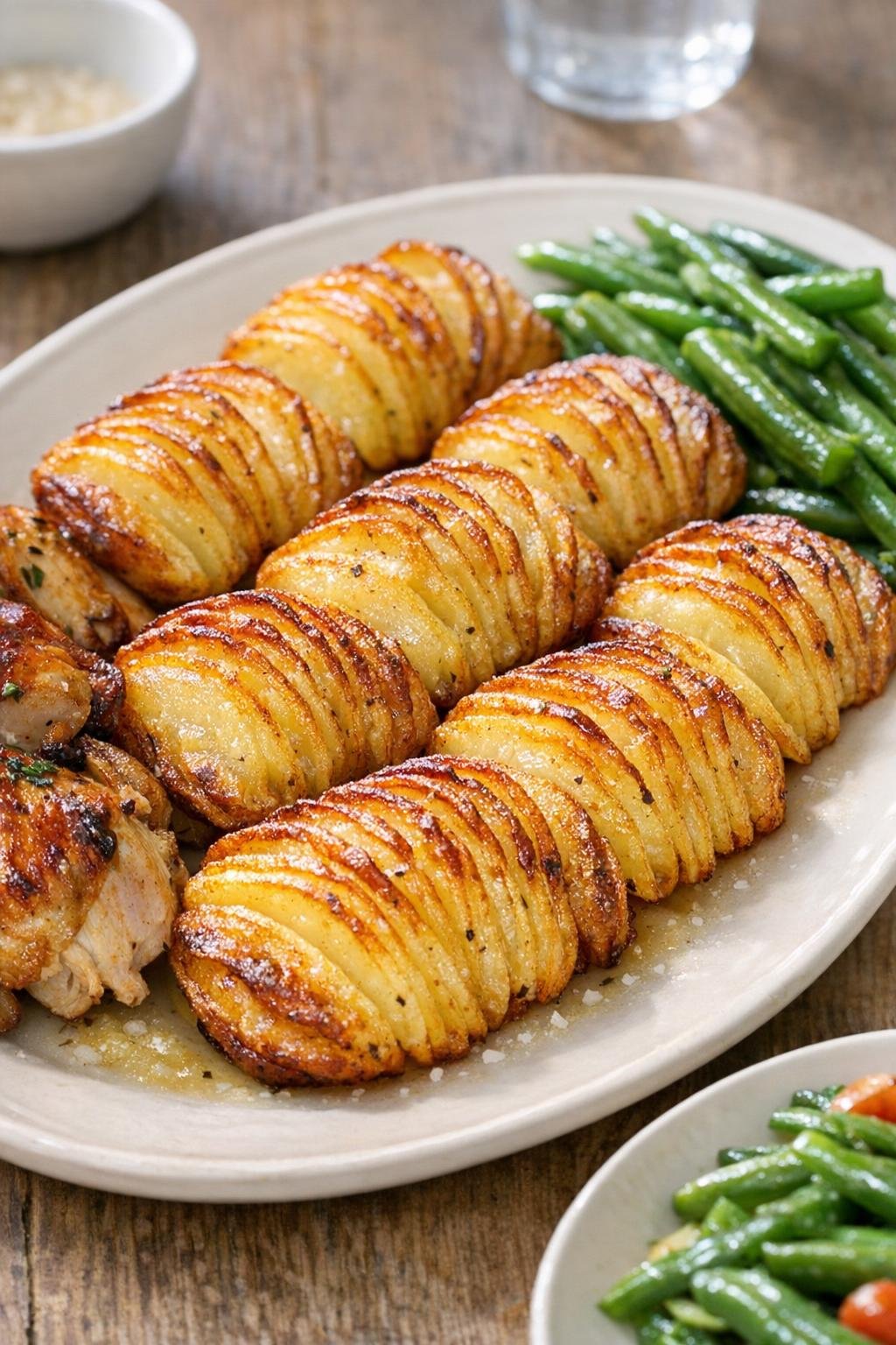 Plated buttery potato fans served with a simple dinner