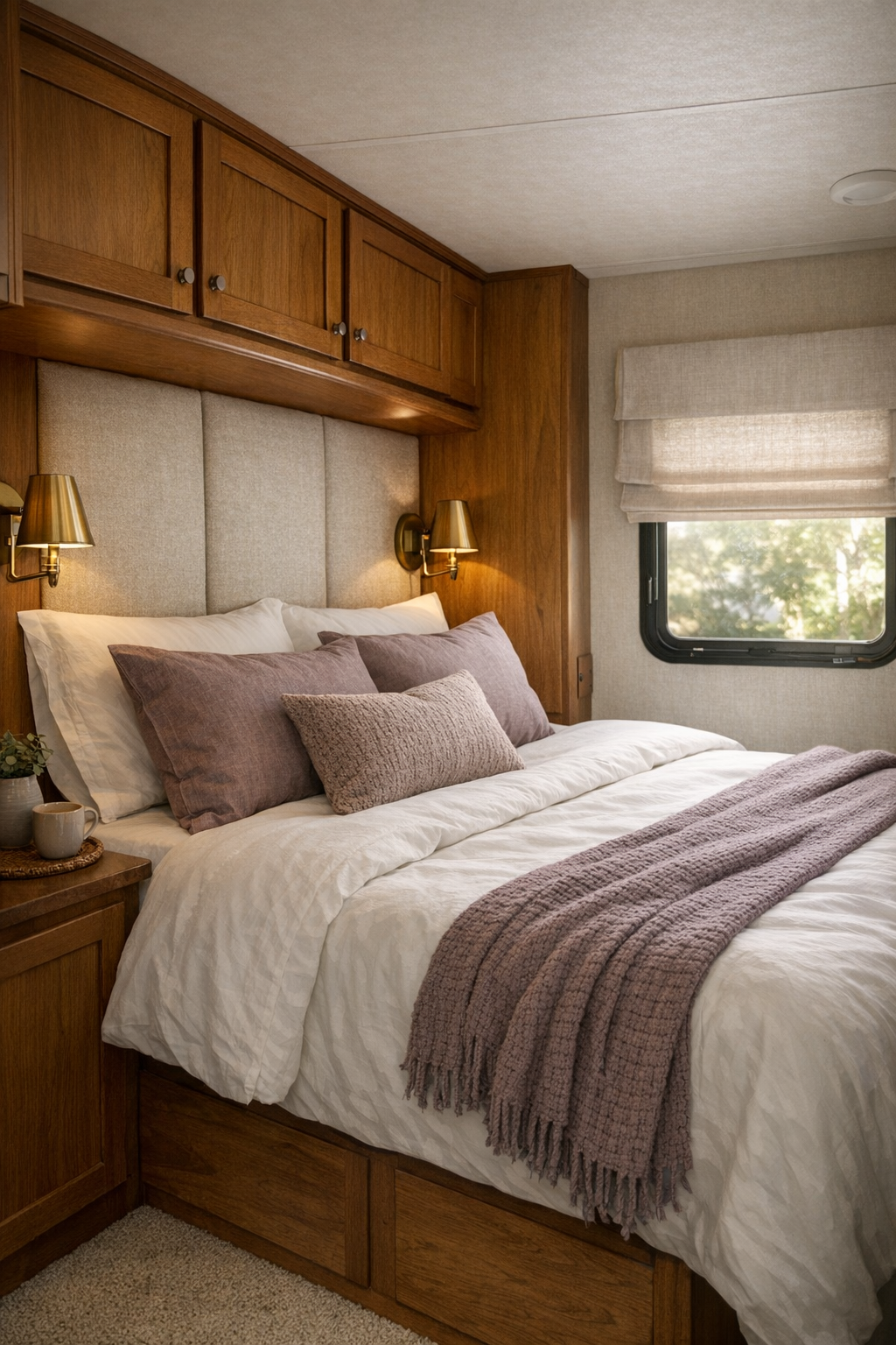 Cozy RV bedroom with upholstered headboard, soft lavender bedding, and warm wood accents