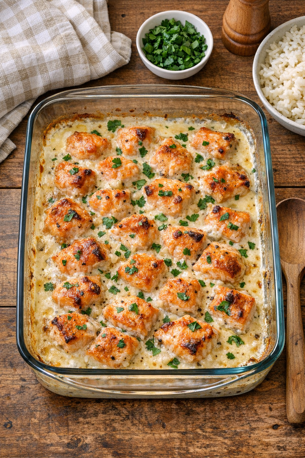 Baked salmon nuggets in creamy sauce in a glass casserole dish