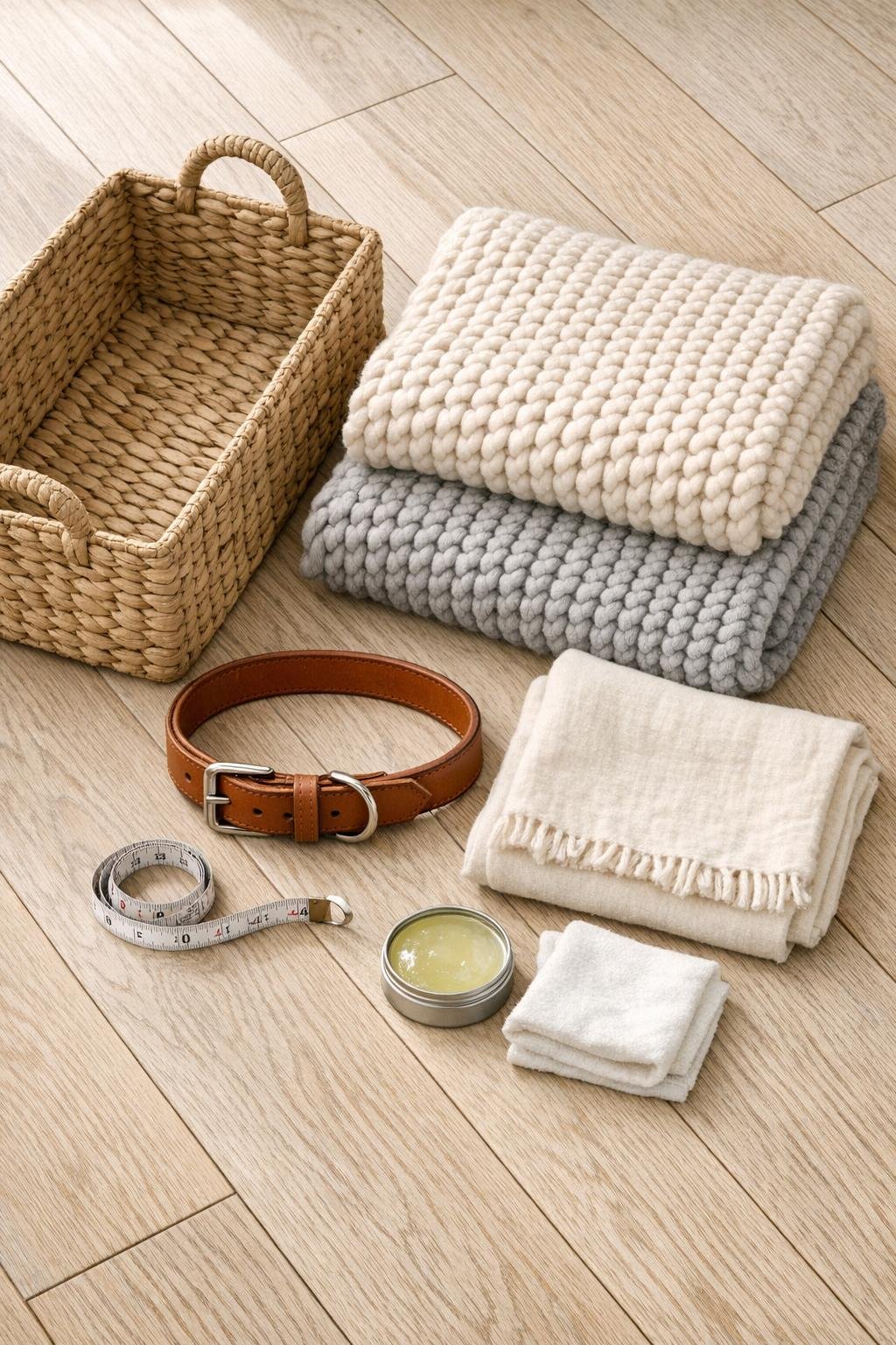Materials for making a blanket strap with a leather dog collar and basket