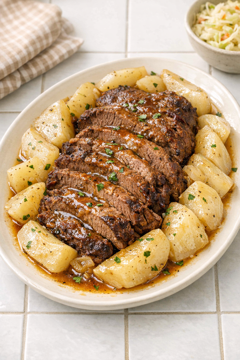 Finished Amish-style beef roast with kohlrabi on a platter