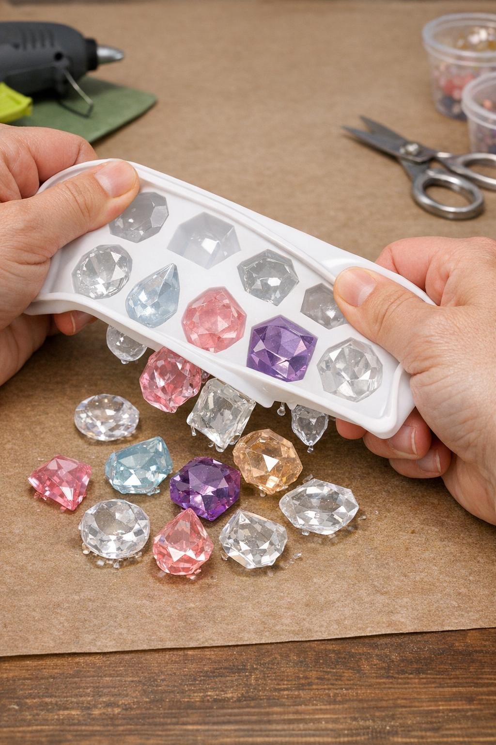 Cooled hot glue gems being flexed out of an ice cube tray