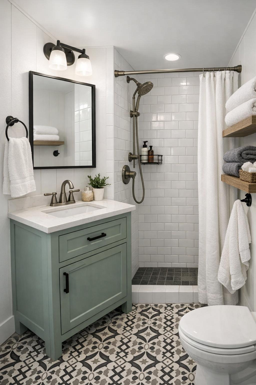 Bright compact bathroom with white tile, a painted vanity, and simple modern fixtures