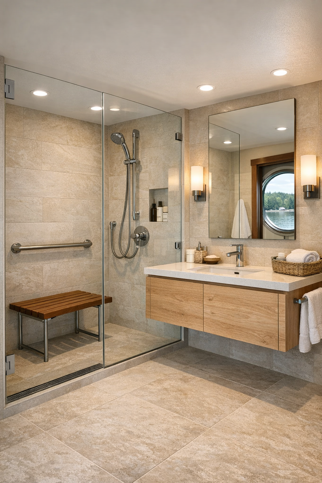 Elegant accessible bathroom with curbless shower, pale tile, and white oak vanity