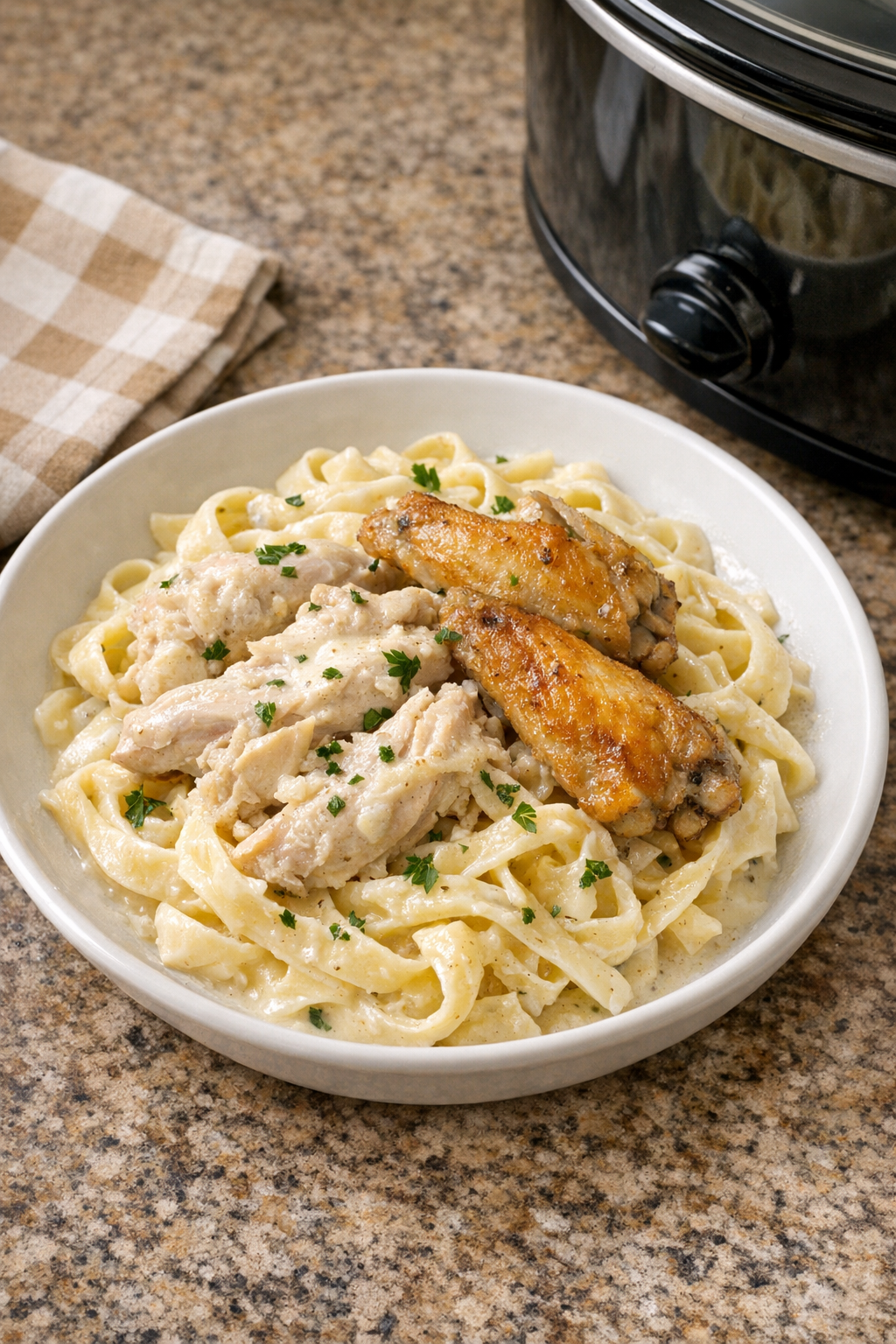 Creamy Amish milk chicken pasta plated in a shallow bowl