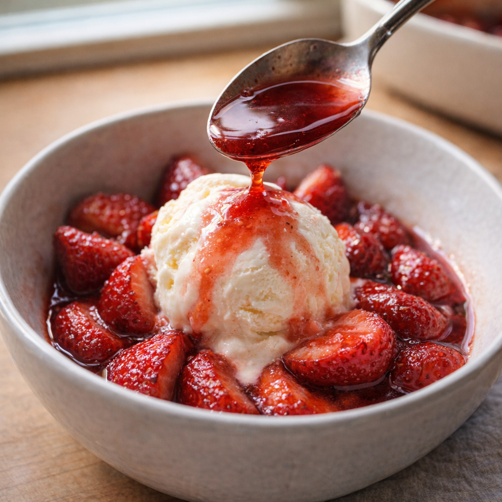 Warm baked strawberries spooned over vanilla ice cream