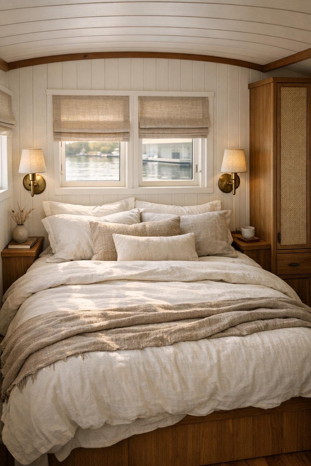 Calm houseboat bedroom with layered neutral bedding and brass sconces