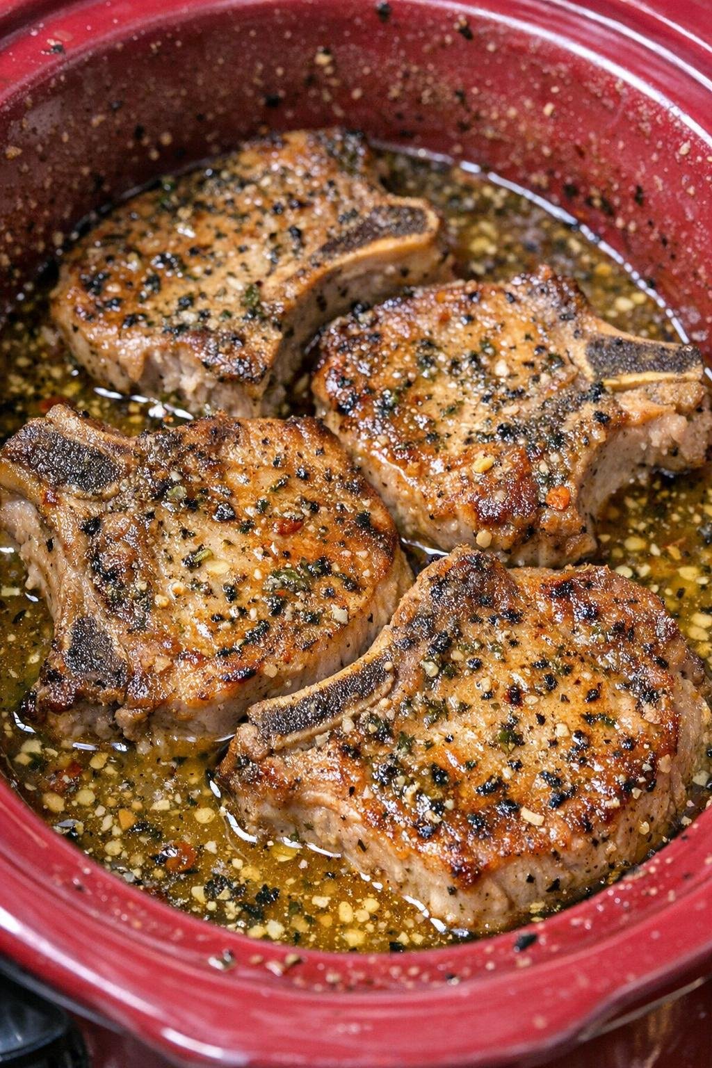 Slow cooker Italian dressing pork chops in a red slow cooker
