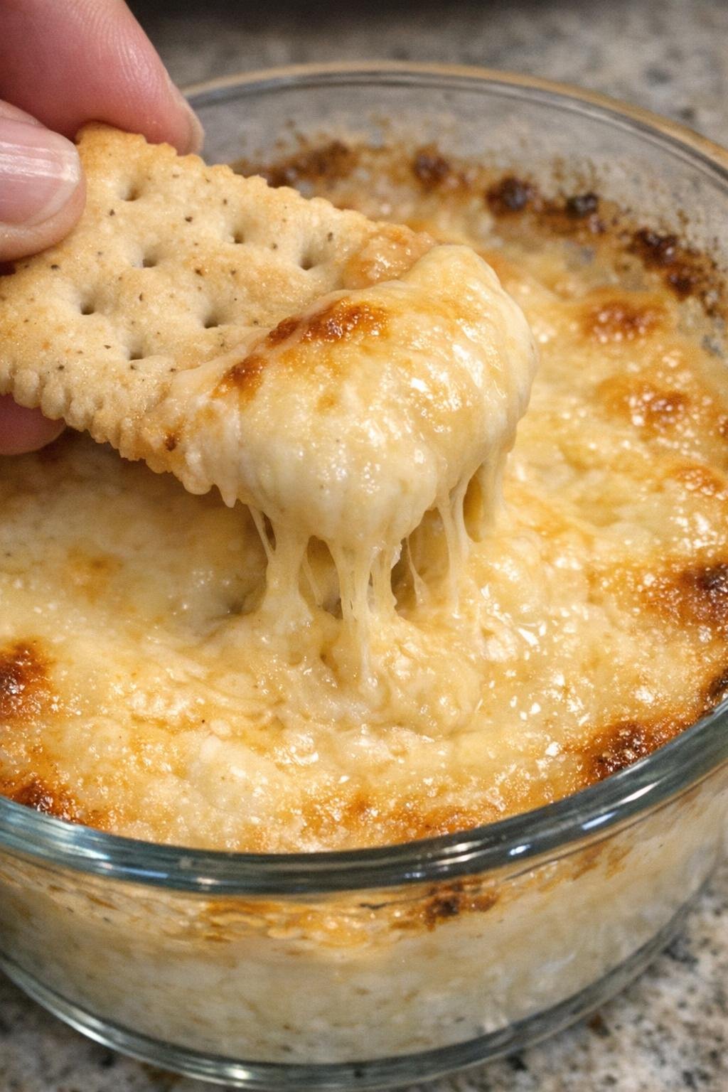 Gooey gouda dip in a glass bowl with a cracker scooping some up