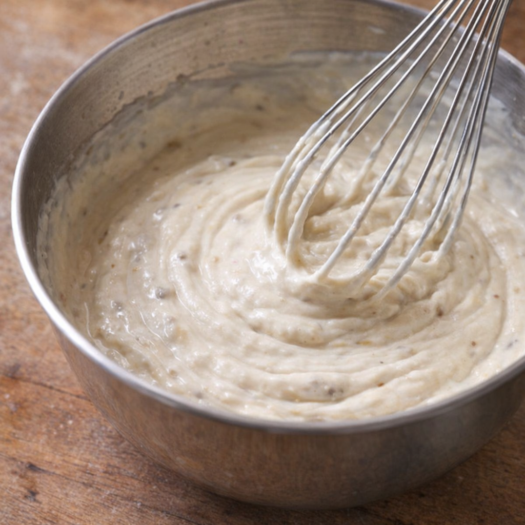 Cream sauce being whisked in a bowl