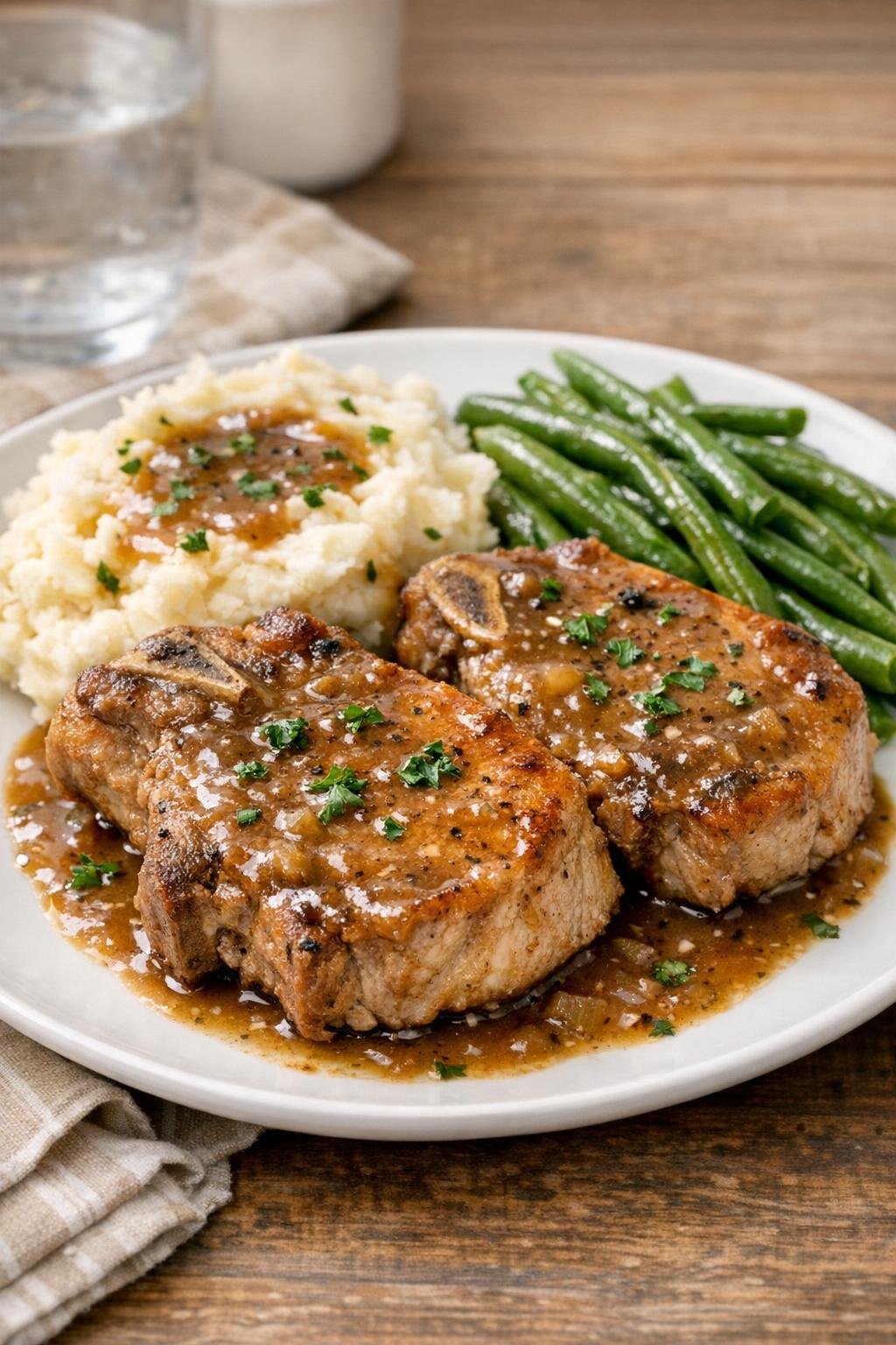 Finished slow cooker bone-in pork chops plated with sauce