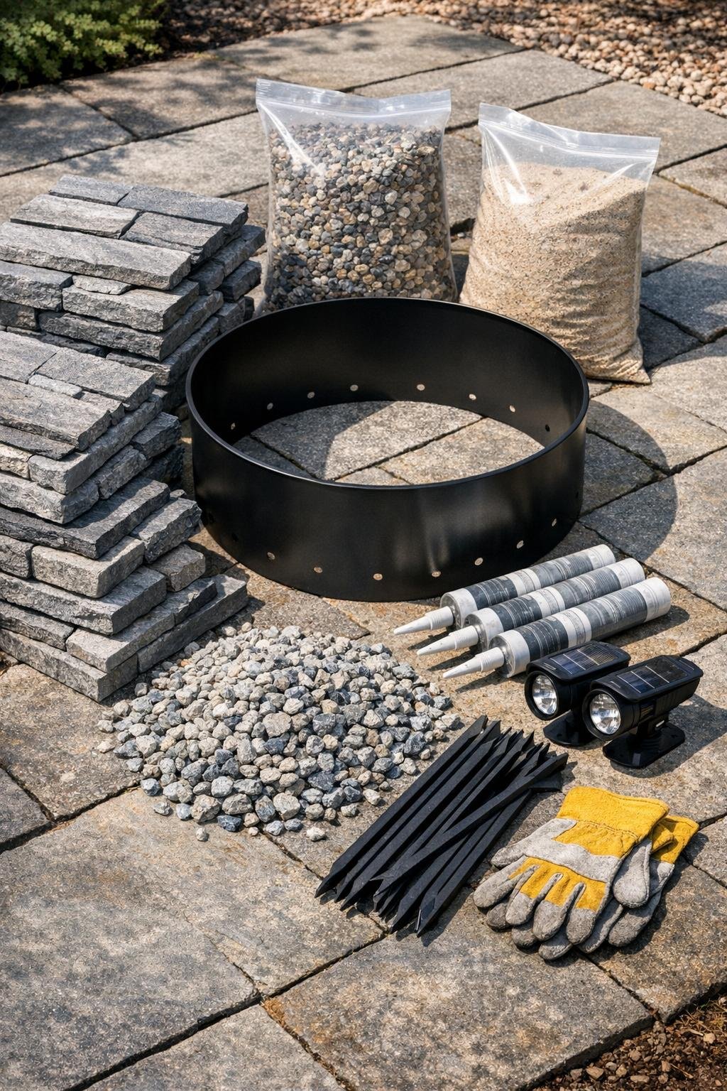 Materials for a stone fire pit surround laid out together