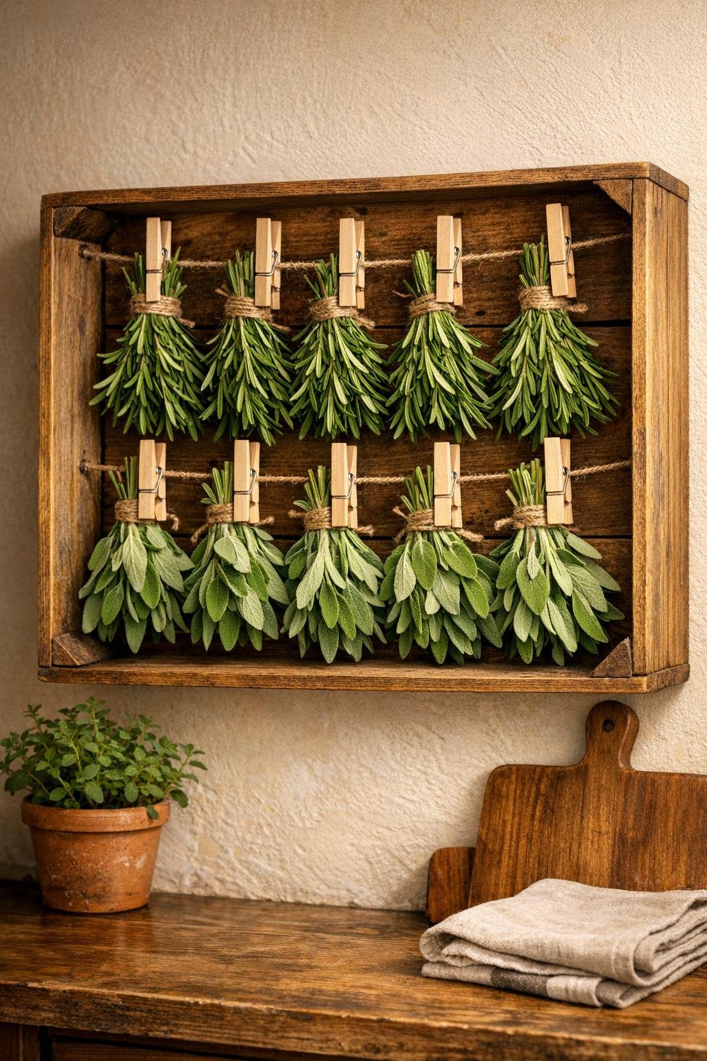 Finished herb drying rack inside a rustic wooden crate with clipped rosemary and sage bundles