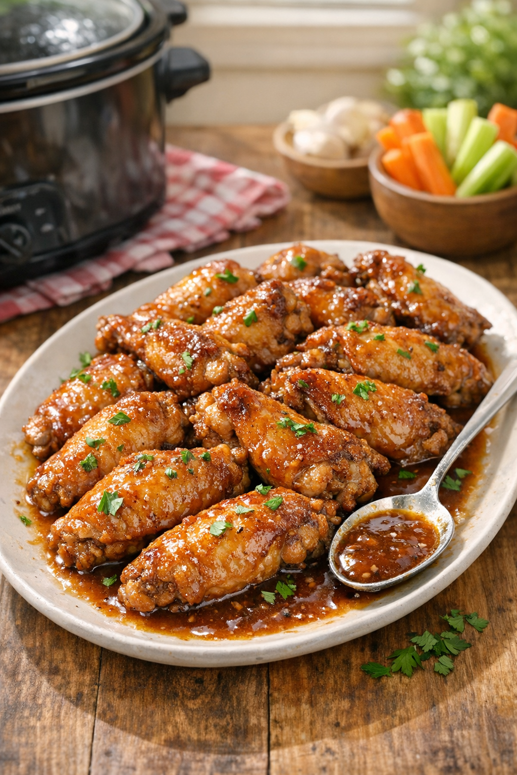 Finished slow cooker chicken wings on a platter