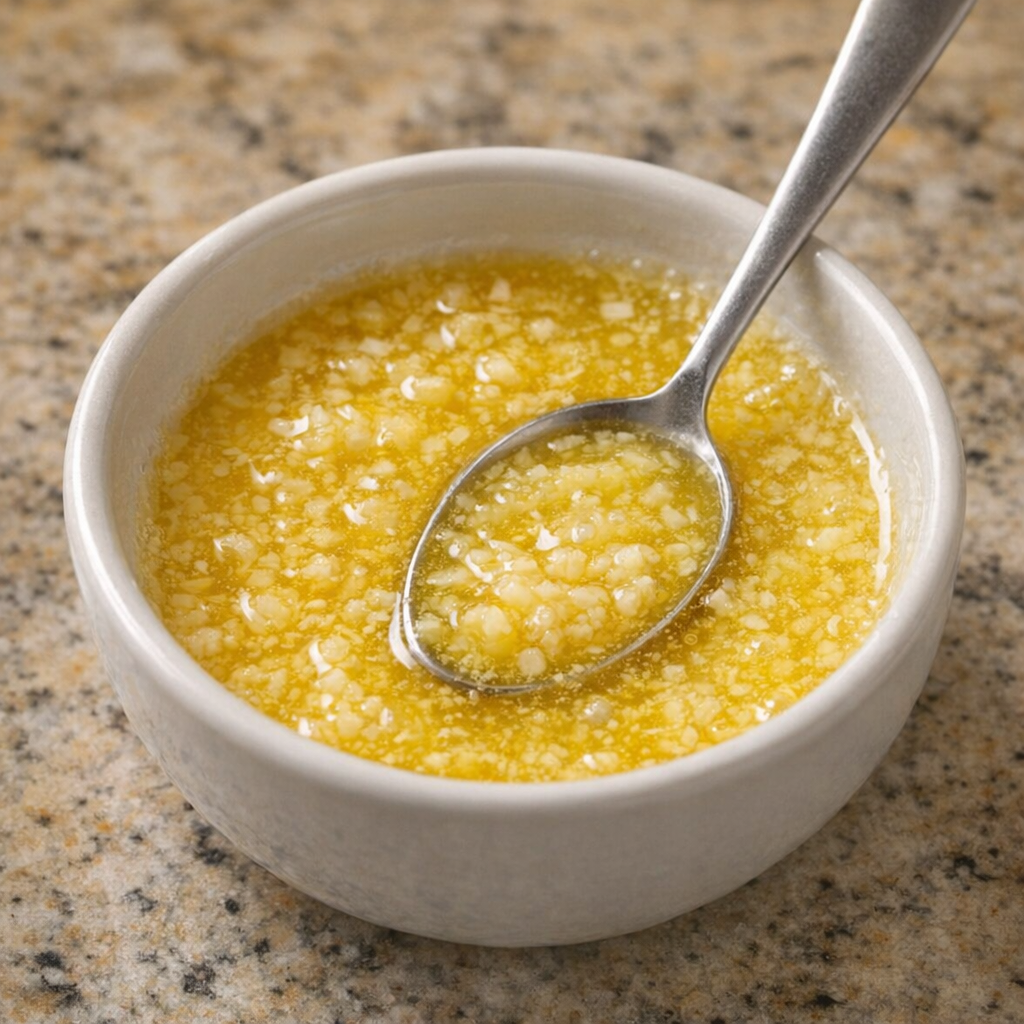 Melted butter and garlic in a small bowl