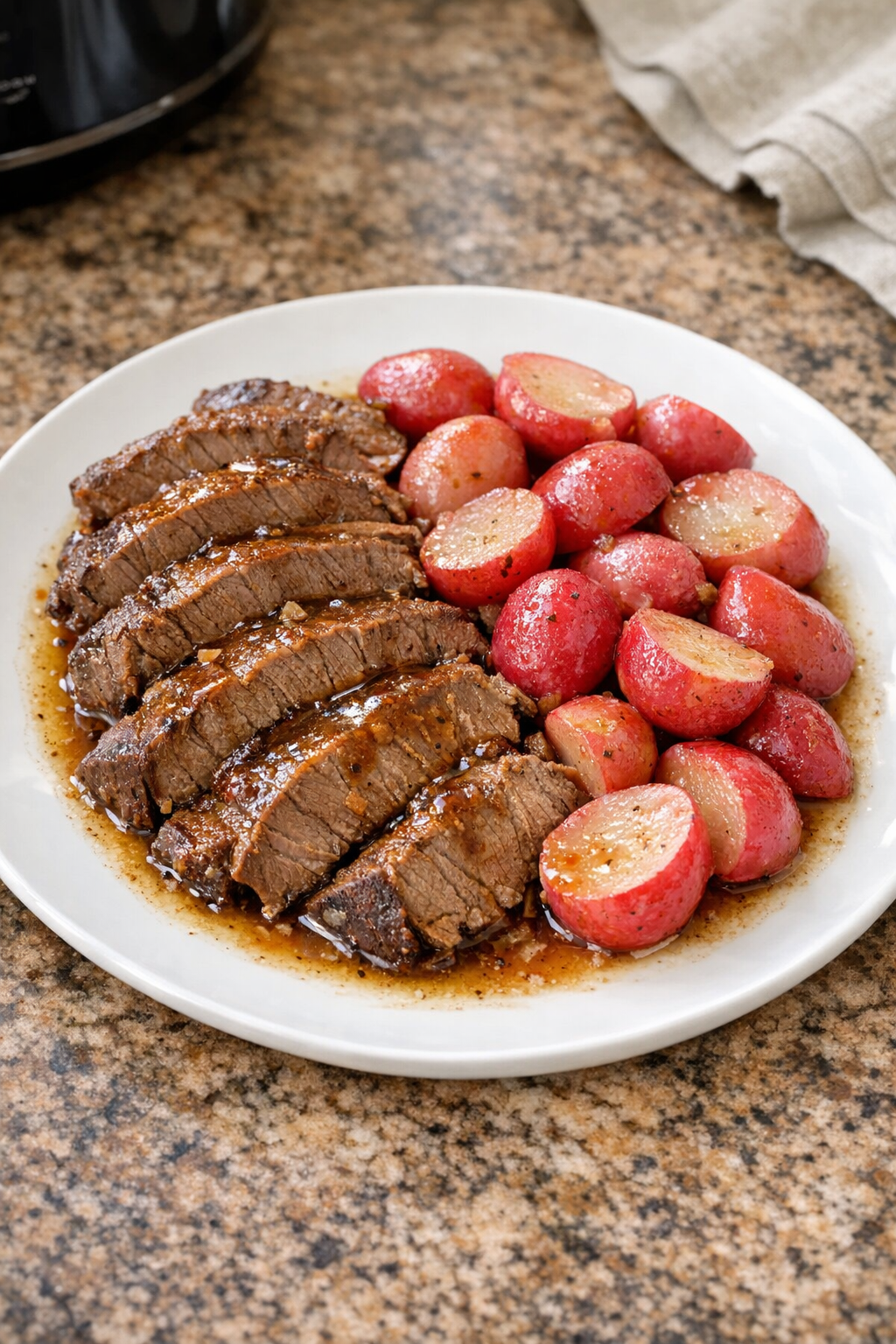Finished plated Amish radish beef with tender roast and cooked radishes