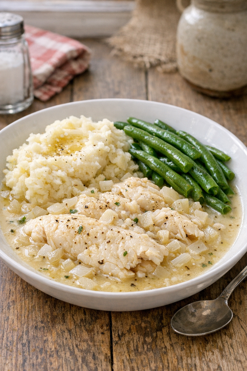 Finished slow cooker sole plated in a shallow bowl