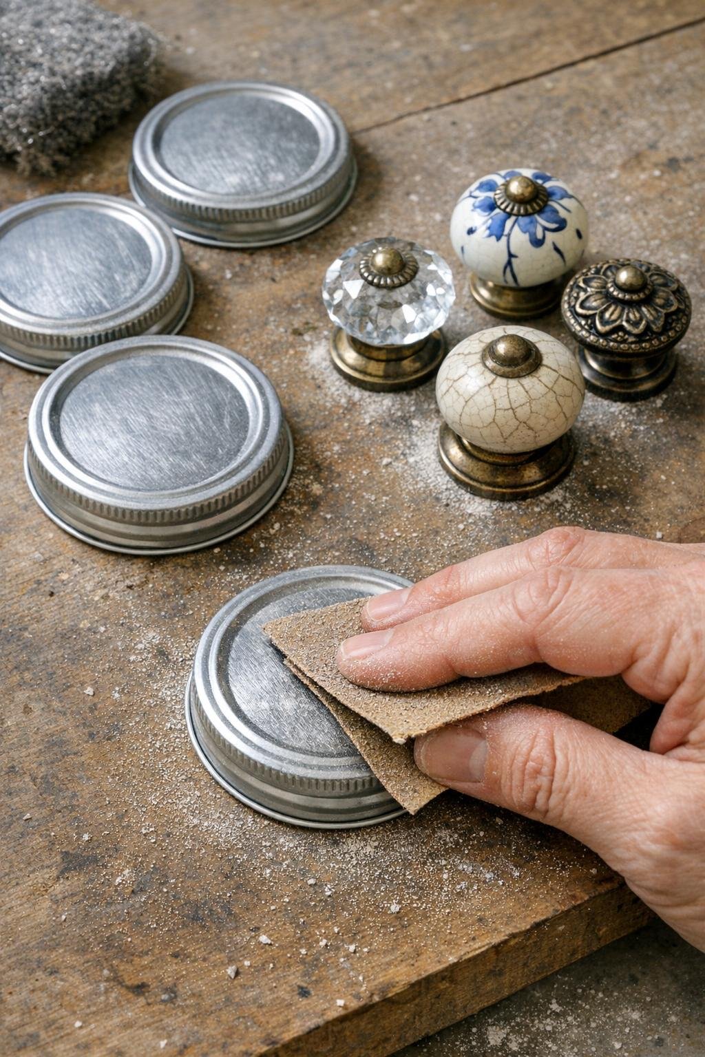 Jar lids and knobs being prepped and sanded for painting
