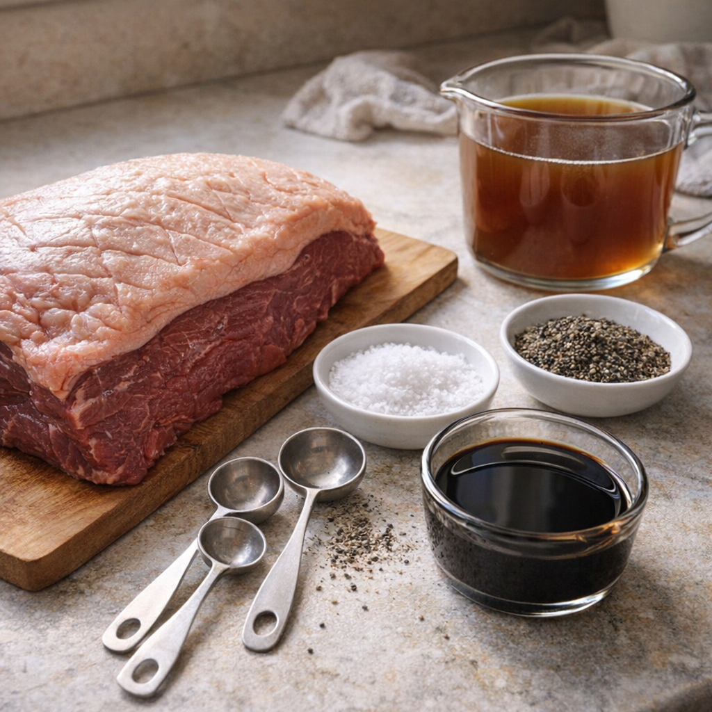 Five picanha ingredients arranged on a kitchen counter