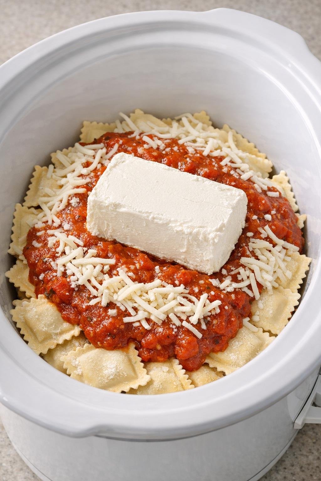 Ravioli in laagjes, klaar om te bereiden in de slowcooker.