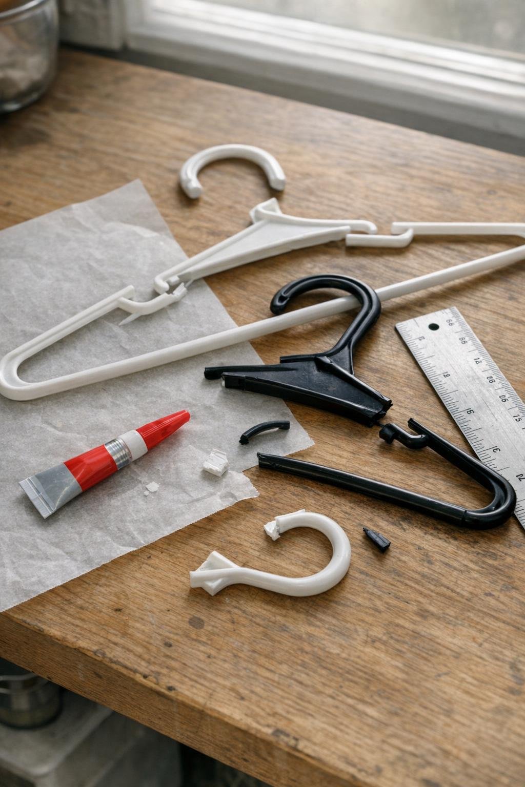 Broken plastic hangers and glue gathered for a DIY gutter clip project