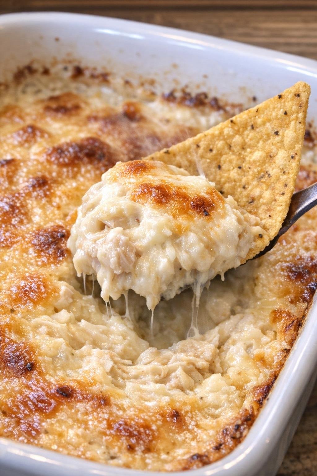 Chicken rawlings dip in a white casserole dish with a corn chip scooping a creamy bite