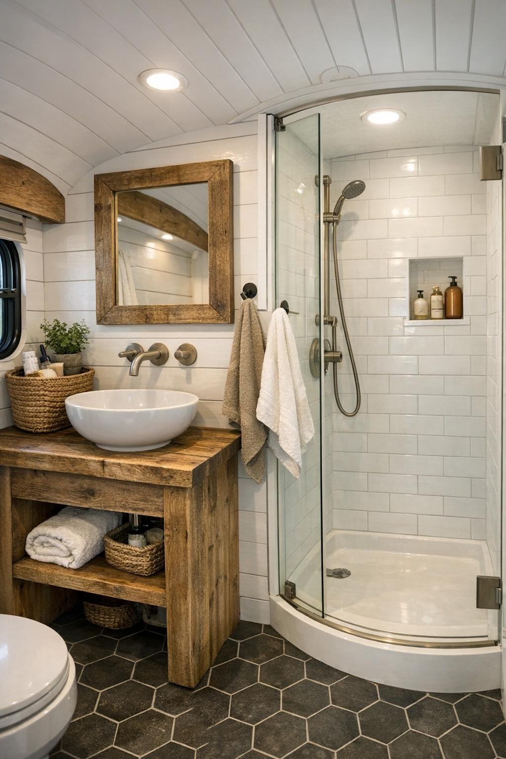 Small rustic bus bathroom with reclaimed wood vanity, white tile shower, and hex tile floor