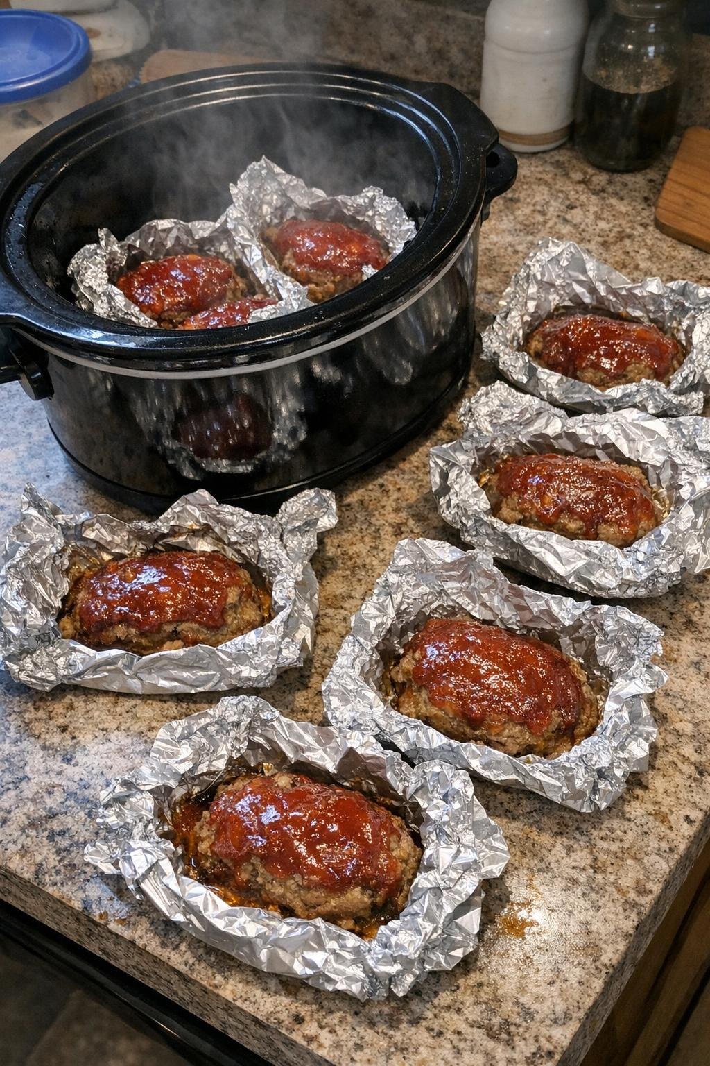 Mini meatloaves wrapped in foil with a ketchup brown sugar glaze